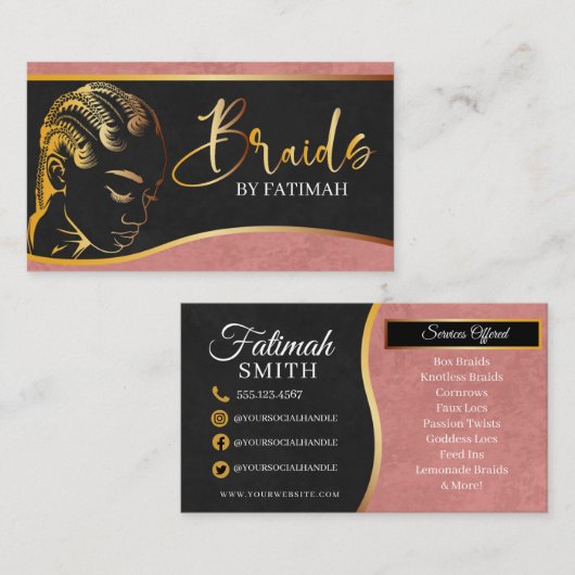 Carte De Visite Salon de tressage rose et or moderne cheveux (Devant / Derrière)