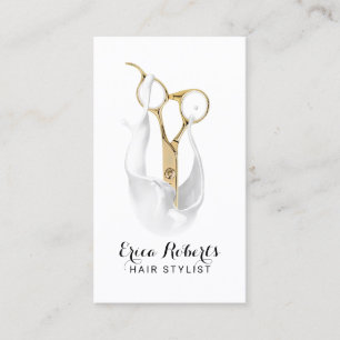 Carte De Visite Salon des cheveux Moderne Blanc Or Ciseaux Liste d