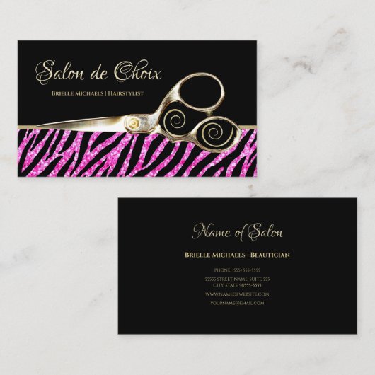 Carte De Visite Salon des ciseaux dorés rose chaud (Devant / Derrière)