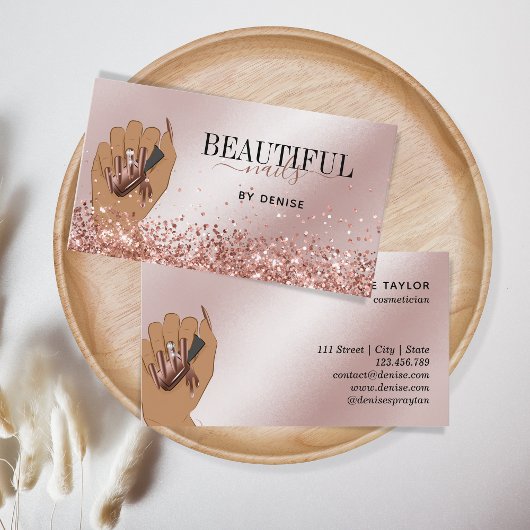 Carte De Visite Salon d'ongles d'or rose femme main nails technici