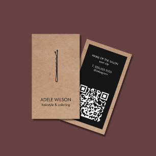 Carte De Visite Salon moderne Faux Kraft Black QR Code Hair Pin Sa