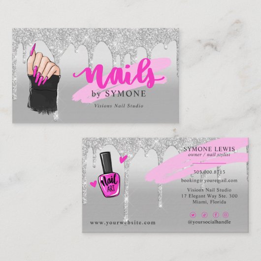Carte De Visite Salon Nail Tech Pink & Silver Driver Bus Parties s (Devant / Derrière)
