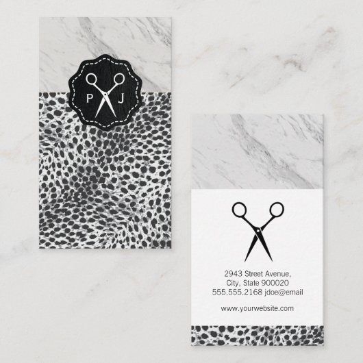Carte De Visite Salon Shears Monogramme Marbre Trim Leopard (Devant / Derrière)