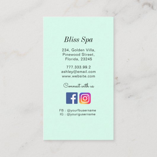 Carte De Visite Salon Spa simple et vert QR Code (Dos)