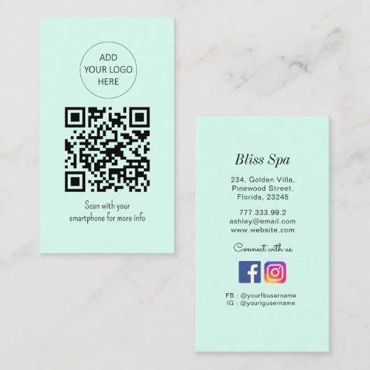 Carte De Visite Salon Spa simple et vert QR Code (Devant / Derrière)