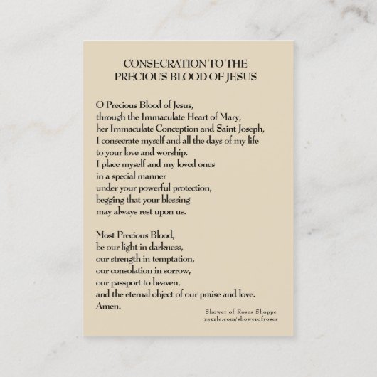 Carte De Visite Sang précieux de consécration de prière de Jésus (Dos)