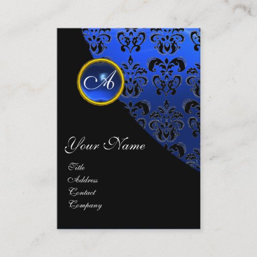 CARTE DE VISITE SAPHIR BLEU DAMAS NOIR MONOGRAMME (Devant)