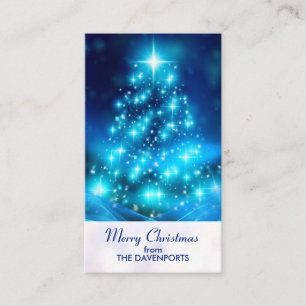 Carte De Visite Sapin de Noël bleu électrique moderne avec lumière