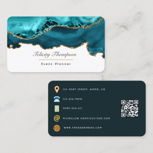 Carte De Visite Sarcelle - Code QR en pierre d'agate turquoise et (Devant / Derrière)