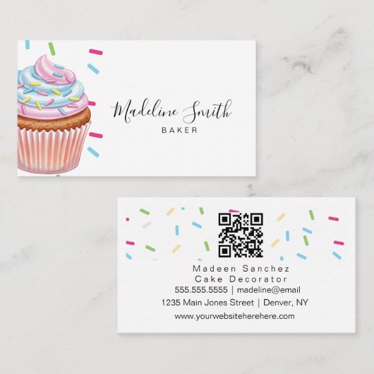 Carte De Visite Saupoudrer Boulangerie Rainbow Cupcakes Code barre (Devant / Derrière)