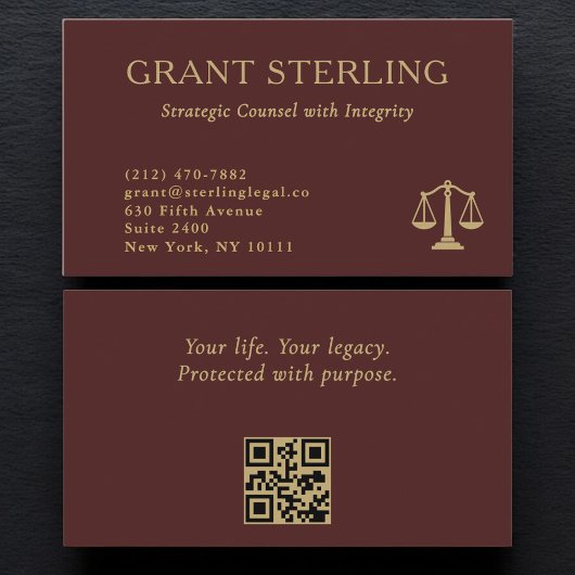 Carte De Visite Scales of Justice Burgundy Gold Legal QR Code