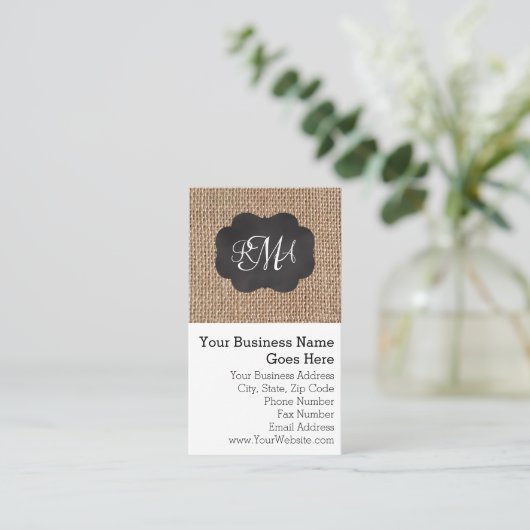 Carte De Visite Scénario Burlap Triple Script Monogramme (Debout devant)