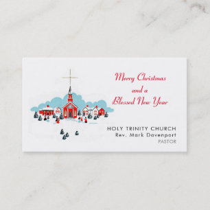 Carte De Visite Scène de Noël avec une église rouge et étoile au-d