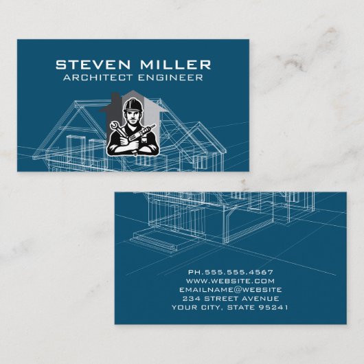 Carte De Visite Schéma d'impression bleu maison | Menuiserie du co (Devant / Derrière)