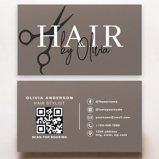 Carte De Visite Scissors QR Code Hair Stylist Matte Brown