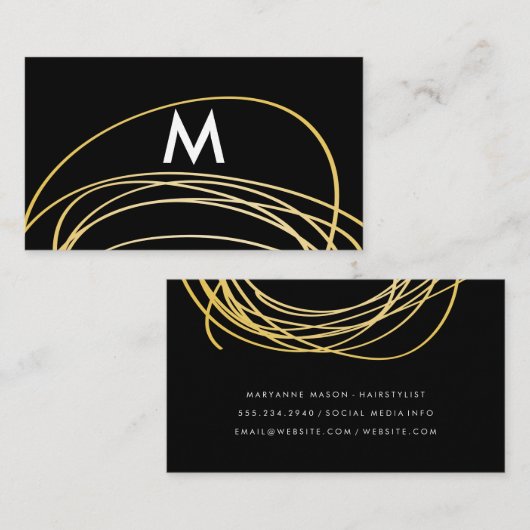 Carte De Visite Scribbles d'or contemporain avec Monogramme (Devant / Derrière)