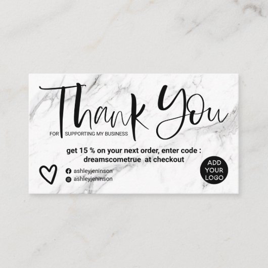 Carte De Visite Script blanc marbre chic ordre merci (Devant)