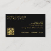 Carte De Visite Script Chic Noir & Or Nom Notaire Moderne QR (Dos)