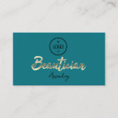 Carte De Visite Script de beauté Gold QRCode Logo Turquoise (Devant)