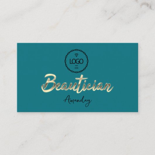 Carte De Visite Script de beauté Gold QRCode Logo Turquoise (Devant)