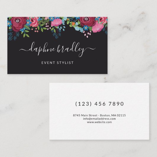 Carte De Visite Script de calligraphie blanche des fleurs bleues d (Devant / Derrière)