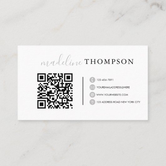 Carte De Visite Script de calligraphie gris argent pâle Code QR (Dos)