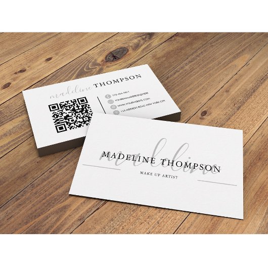 Carte De Visite Script de calligraphie gris argent pâle Code QR