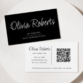 Carte De Visite Script de calligraphie moderne noir blanc QR Code