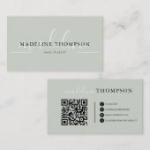 Carte De Visite Script de calligraphie verte Sage Code QR (Devant / Derrière)