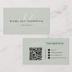 Carte De Visite Script de calligraphie verte Sage Code QR