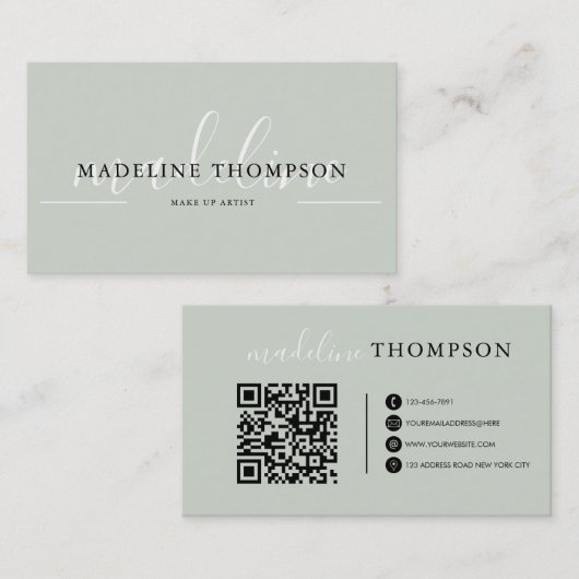 Carte De Visite Script de calligraphie verte Sage Code QR (Devant / Derrière)