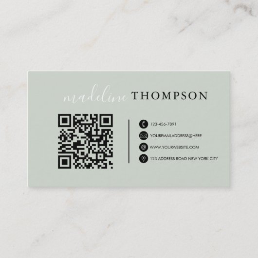 Carte De Visite Script de calligraphie verte Sage Code QR (Dos)