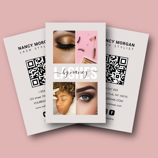 Carte De Visite Script de cils Collage photo Code Qr Beige