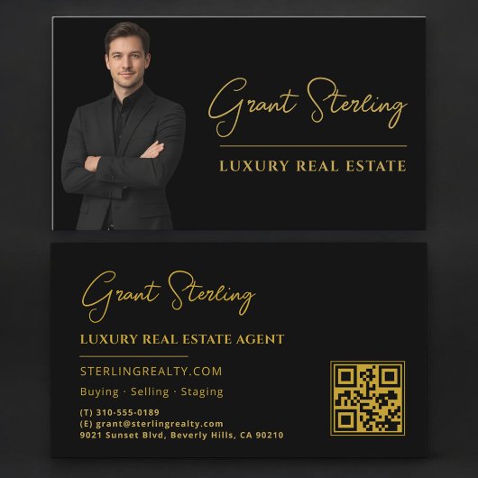 Carte De Visite Script de code QR Black Gold pour l'immobilier de 