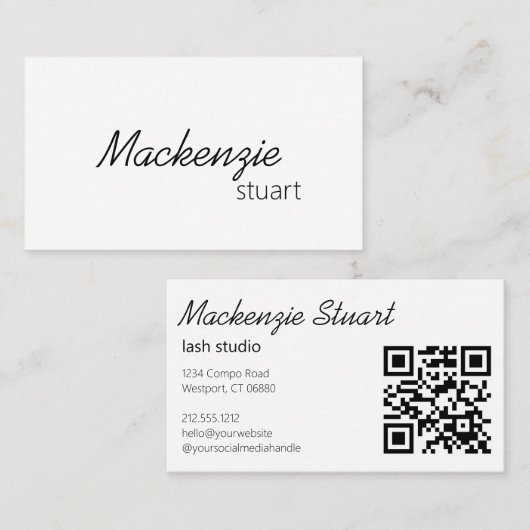 Carte De Visite Script de code QR de cheveux minimal élégant moder (Devant / Derrière)