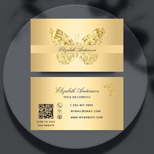 Carte De Visite Script de code QR en or papillon