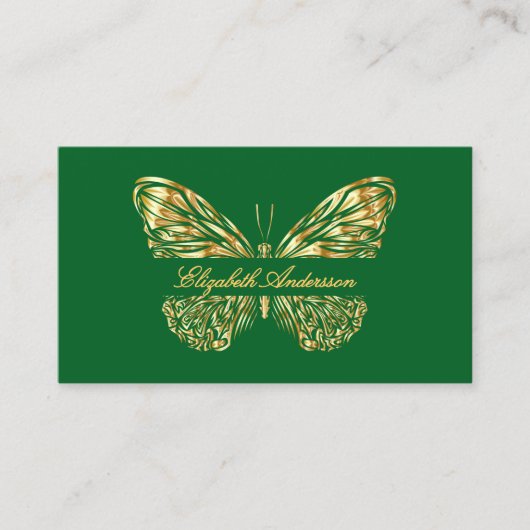 Carte De Visite Script de code QR en or vert papillon (Devant)