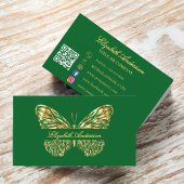 Carte De Visite Script de code QR en or vert papillon