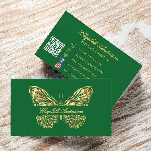 Carte De Visite Script de code QR en or vert papillon