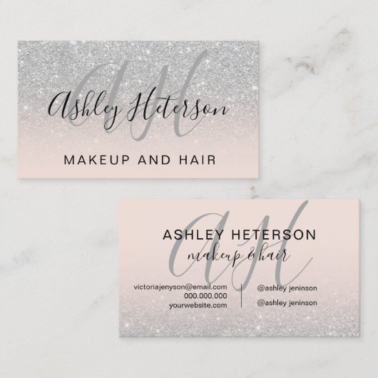 Carte De Visite Script de maquillage monogrammé rose argent partie (Devant / Derrière)