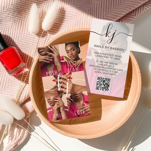 Carte De Visite Script de monogramme de salon de manucure avec col