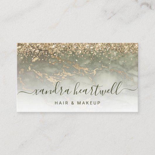 Carte De Visite Script de Parties scintillant en marbre doré vert  (Devant)