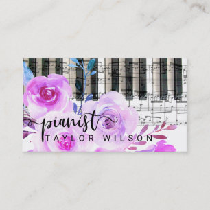 Carte De Visite script de pianiste floral à l'aquarelle violette