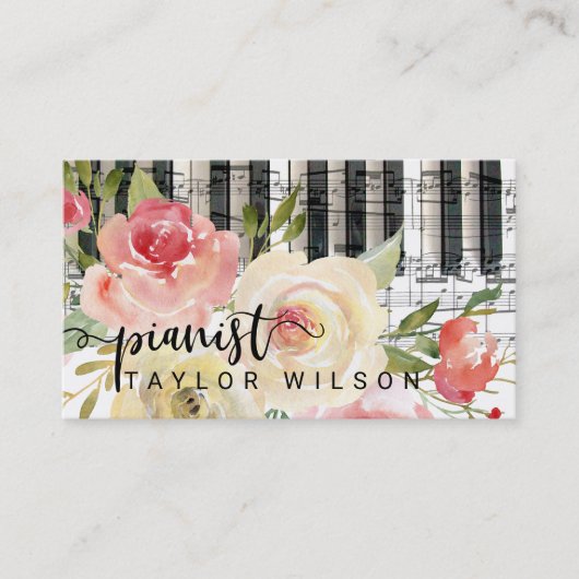 Carte De Visite script de pianiste floral aquarelle (Devant)