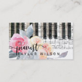 Carte De Visite script de pianiste floral couleur bleu poussiéreux (Devant)