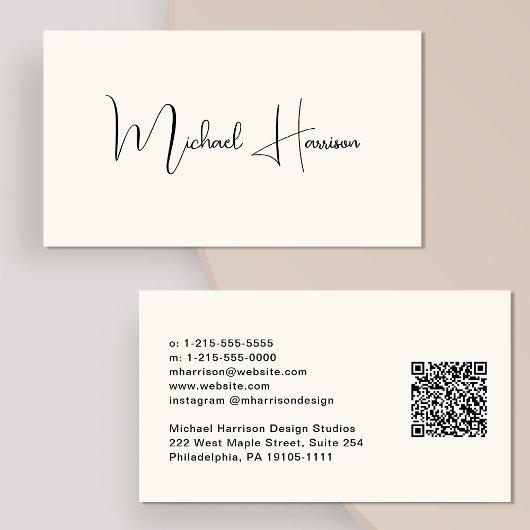 Carte De Visite Script de signature moderne QR Code Creme professi