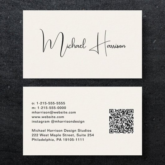 Carte De Visite Script de signature moderne QR Code Creme professi