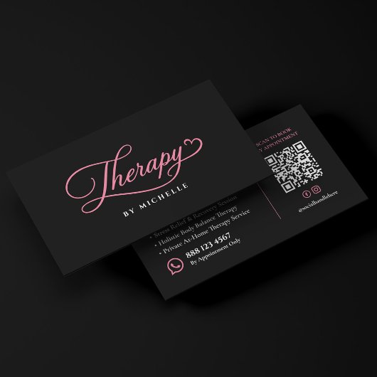 Carte De Visite Script de thérapeute élégant rose noir