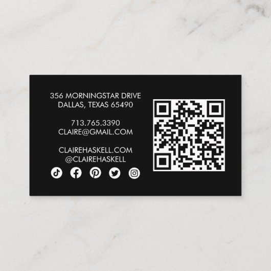 Carte De Visite Script élégant B&W Commander Merci QR minimal (Dos)