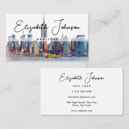 Carte De Visite Script Élégant de Luxe Skyline de New York (Devant / Derrière)
